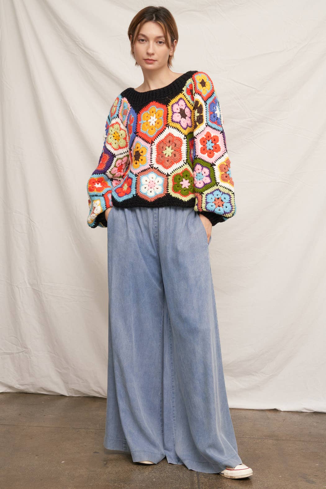 Chunky Oversized Granny Squared Crochet Sweater | Black