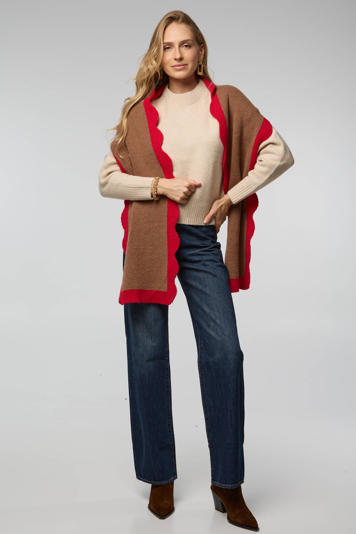 Scallop Trim Knit Scarf | Camel