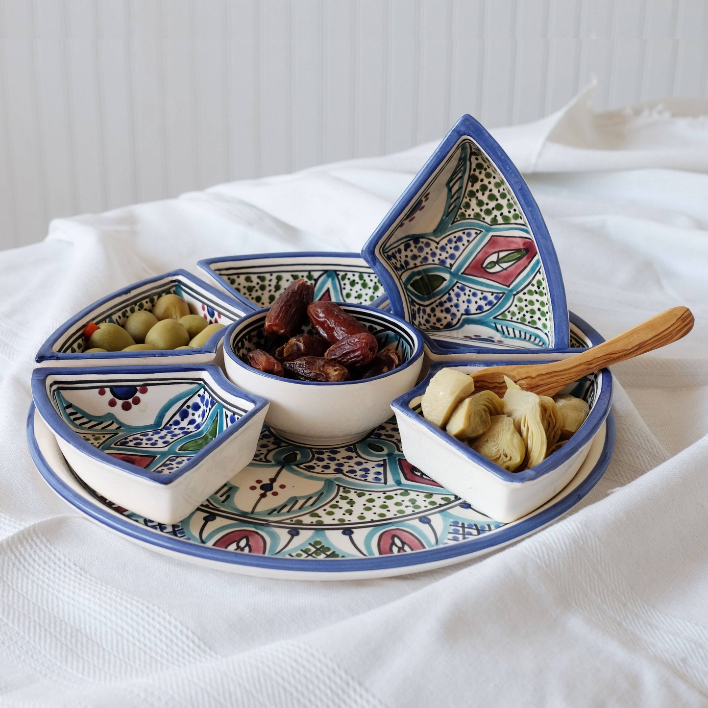 Hand Painted Ceramic Tapas Chip and Dip Server