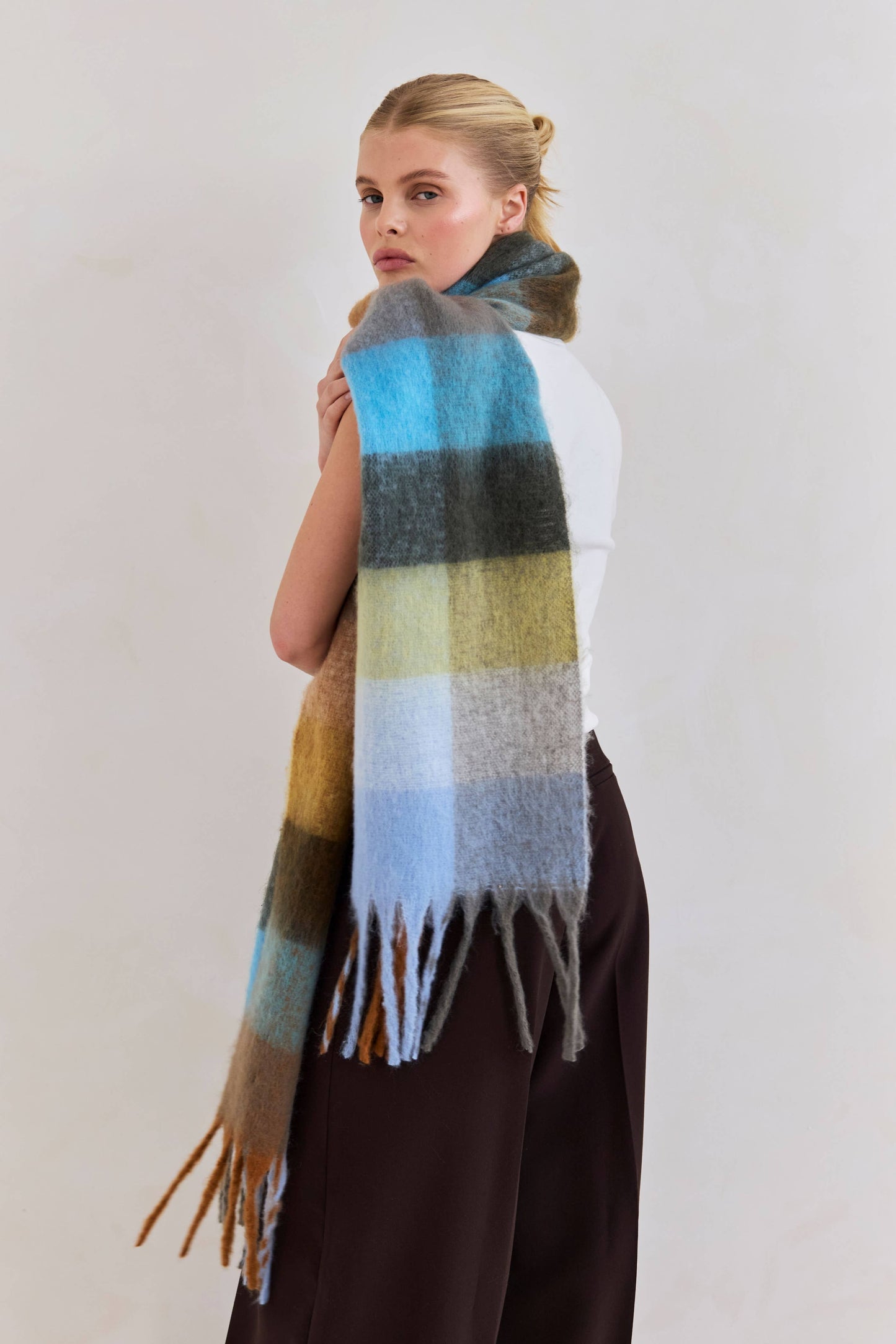Ultra Soft Recycled Scarf | Blue + Orange Plaid