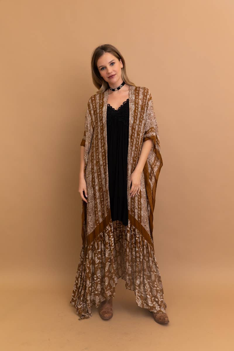 Sky Blue Paisley Floor-Length Kimono | Ruffle Hem