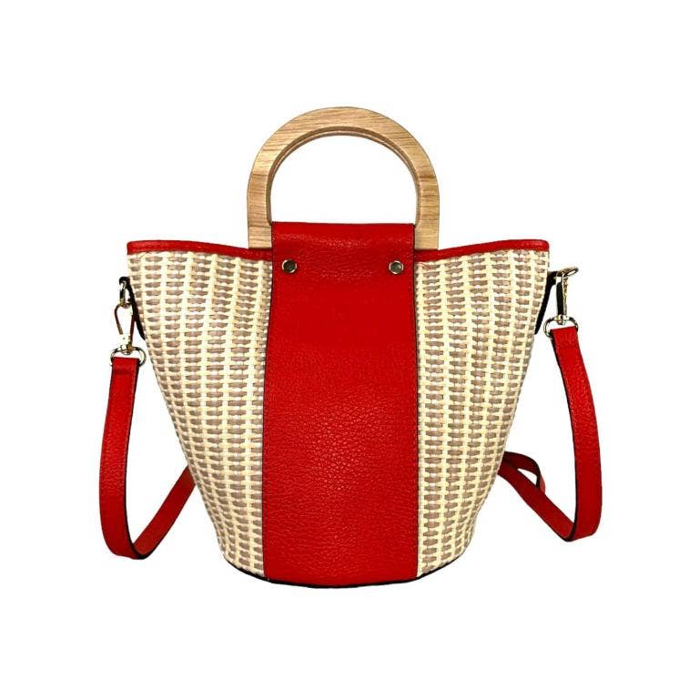 Italian Raffia and Leather Bucket Bag with Wooden Handles | Black