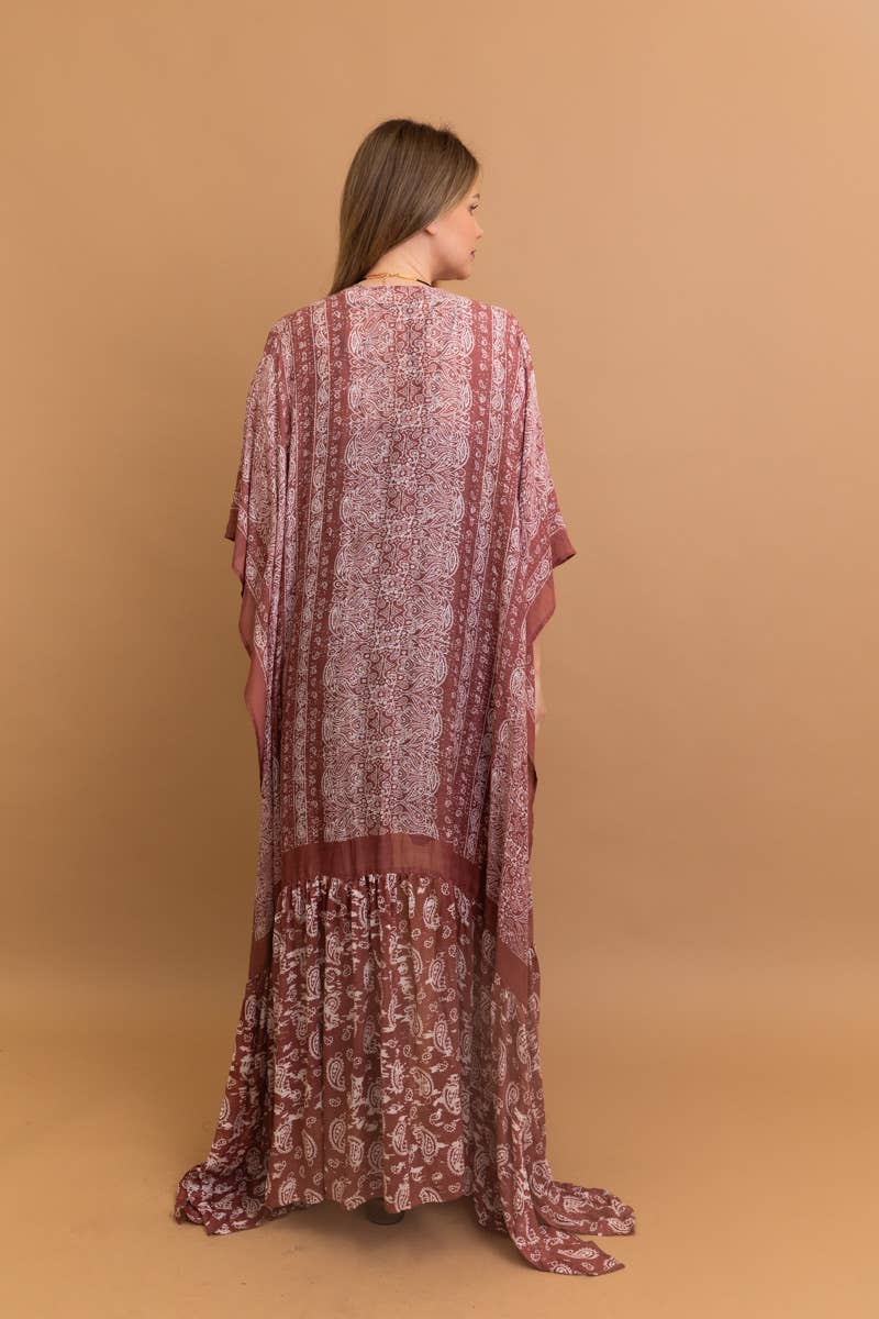 Sky Blue Paisley Floor-Length Kimono | Ruffle Hem