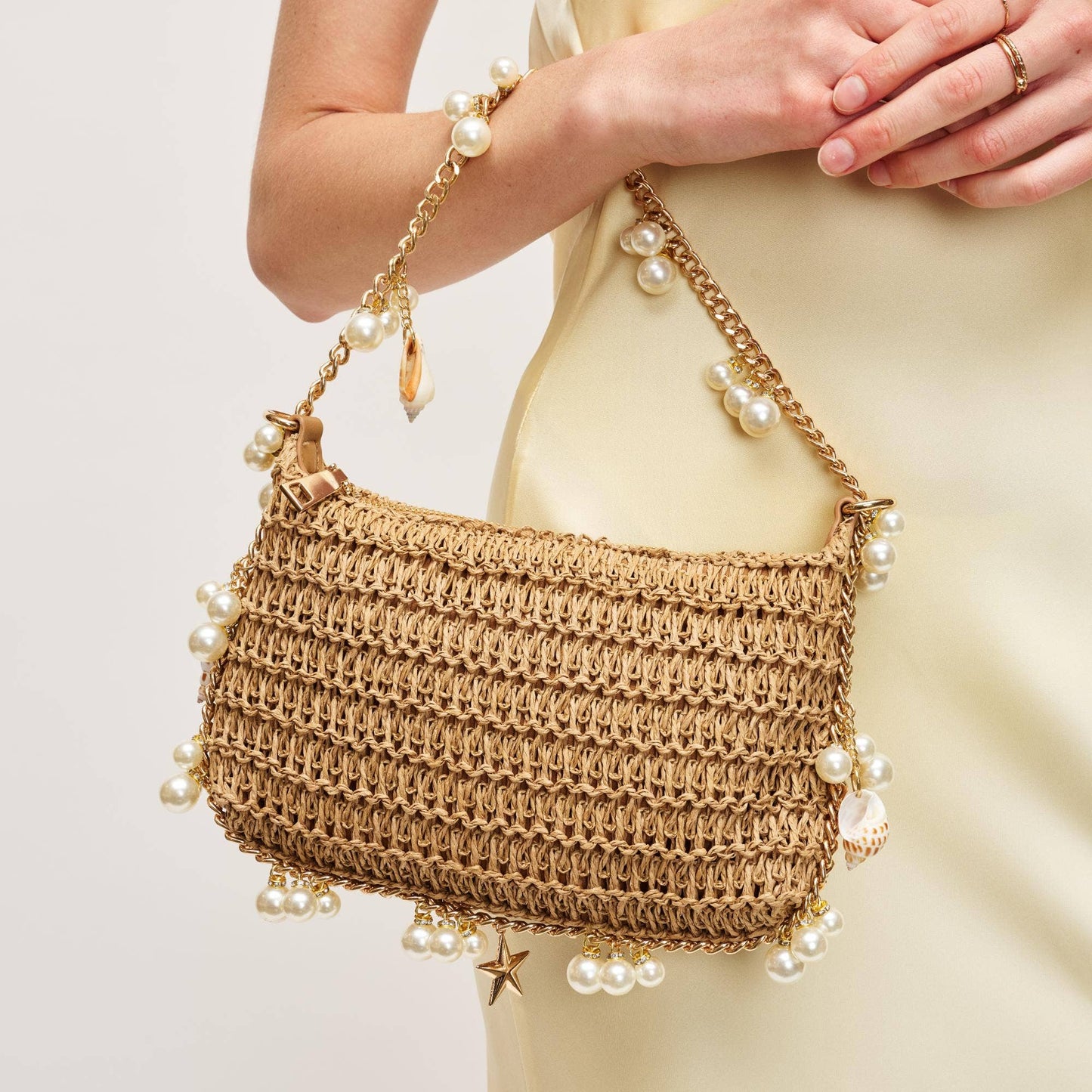 Shell Charm Raffia Handbag | Natural