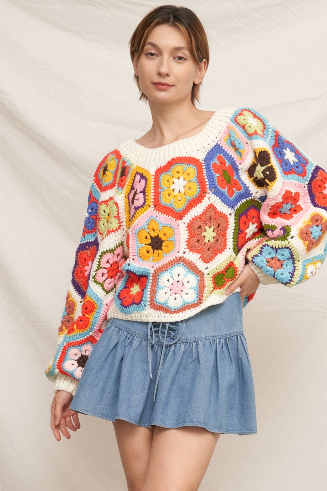 Chunky Oversized Granny Squared Crochet Sweater | White