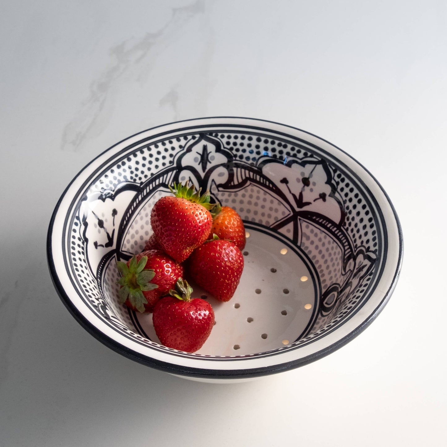Small Ceramic Berry Bowl Strainer | Black + White