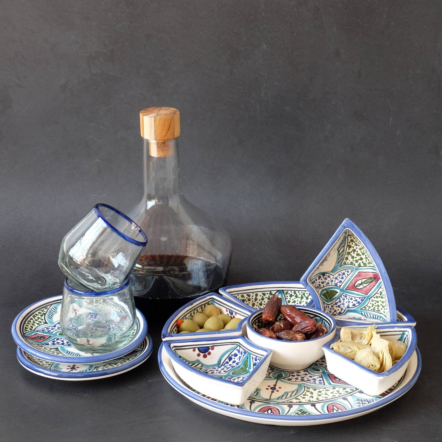 Hand Painted Ceramic Tapas Chip and Dip Server