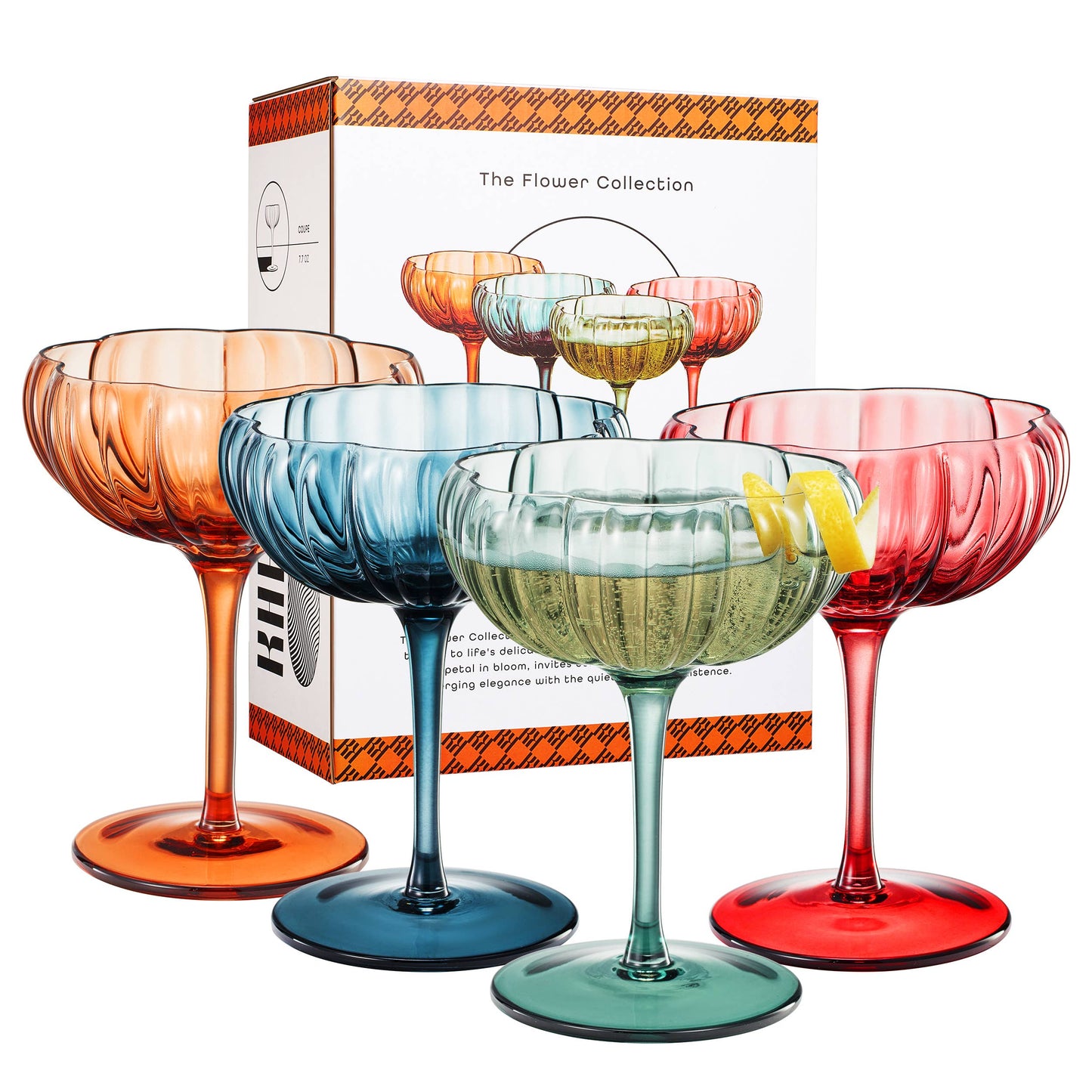 Flower Coupe Cocktail Colored Glasses | Set of 4 | Muted