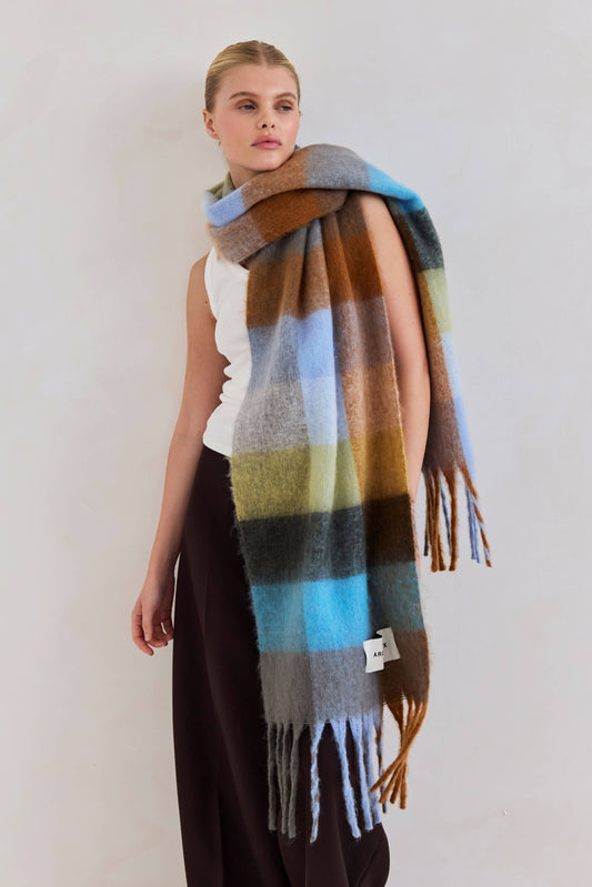 Ultra Soft Recycled Scarf | Blue + Orange Plaid