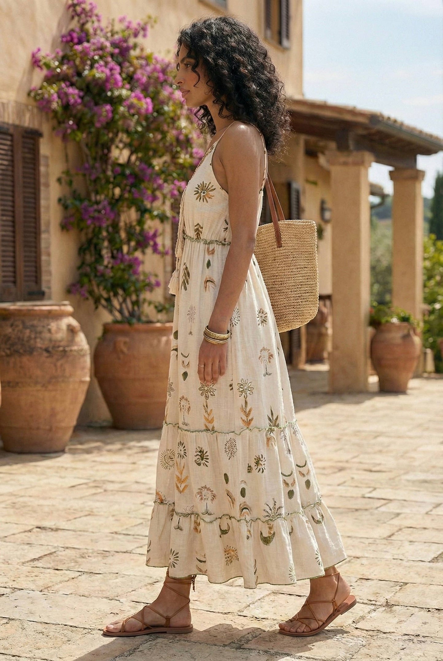 Hand-Embroidered Bohemian Strappy Dress | 100% Cotton | Beige