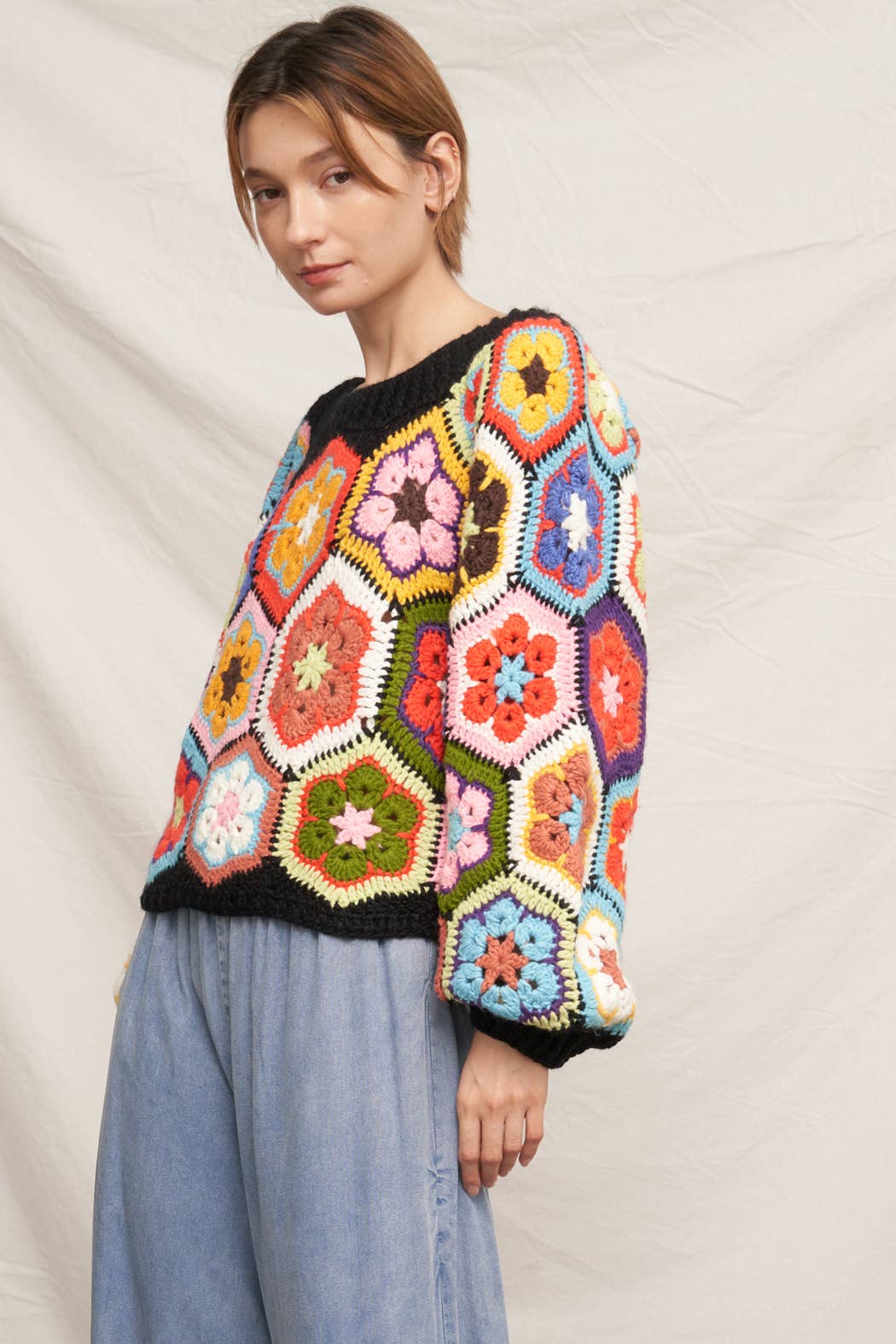 Chunky Oversized Granny Squared Crochet Sweater | Black