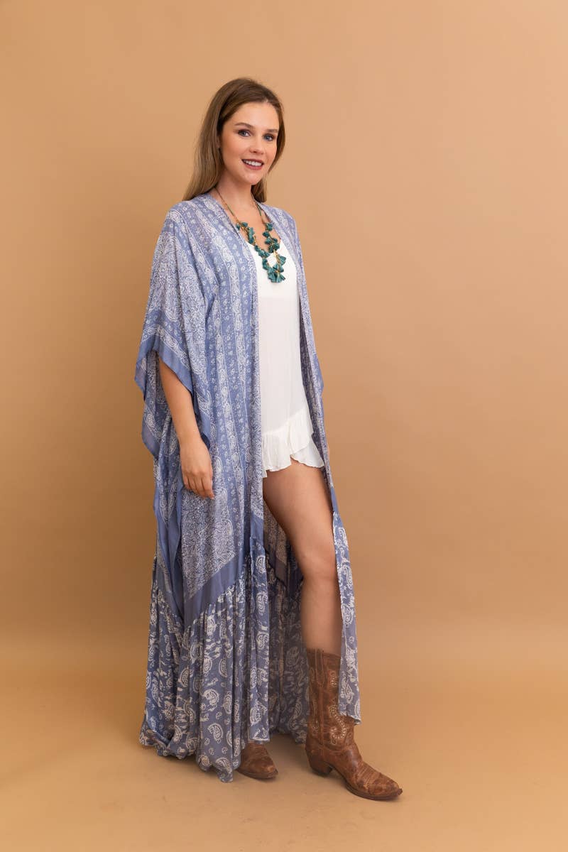 Sky Blue Paisley Floor-Length Kimono | Ruffle Hem