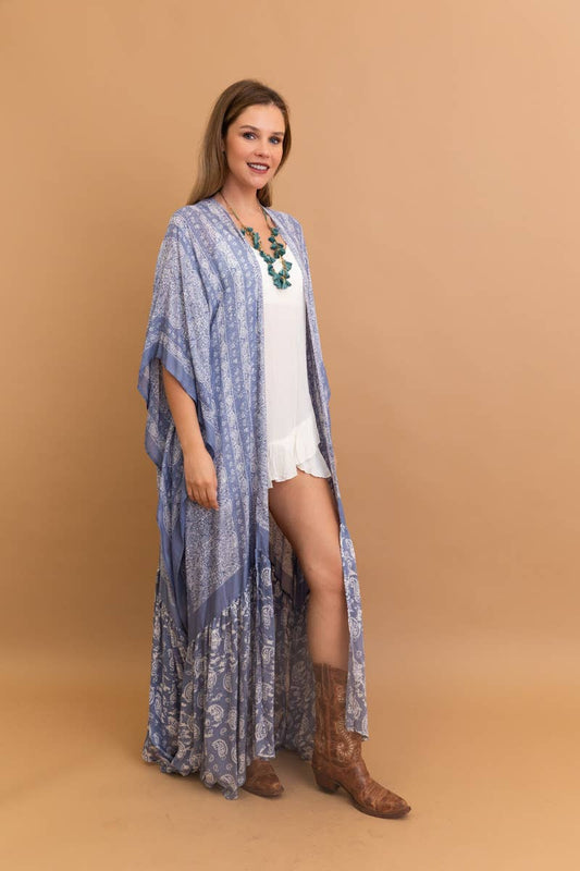 Sky Blue Paisley Floor-Length Kimono | Ruffle Hem