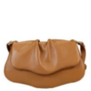 Two leather handbags, one beige and one brown, on a white background.