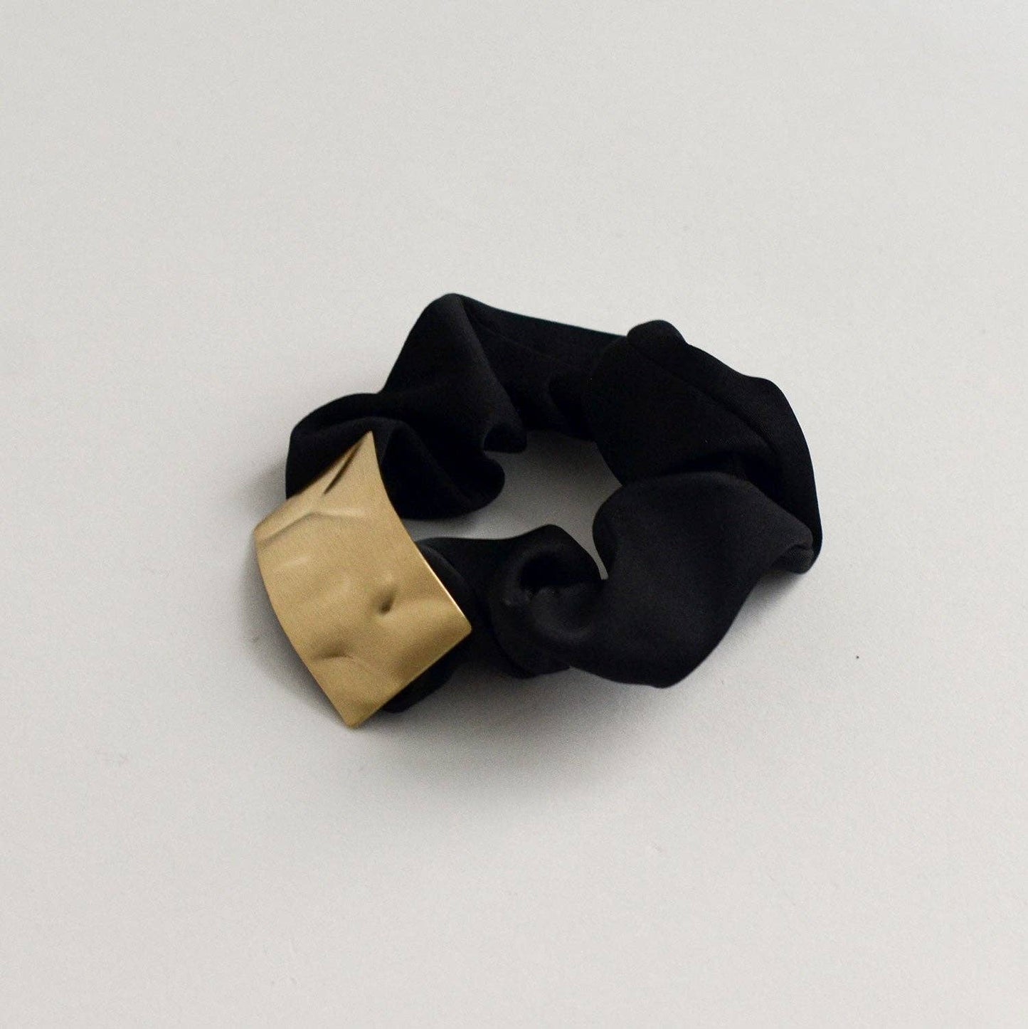 Satin Scrunchie with Rectangle Gold Charm | Black