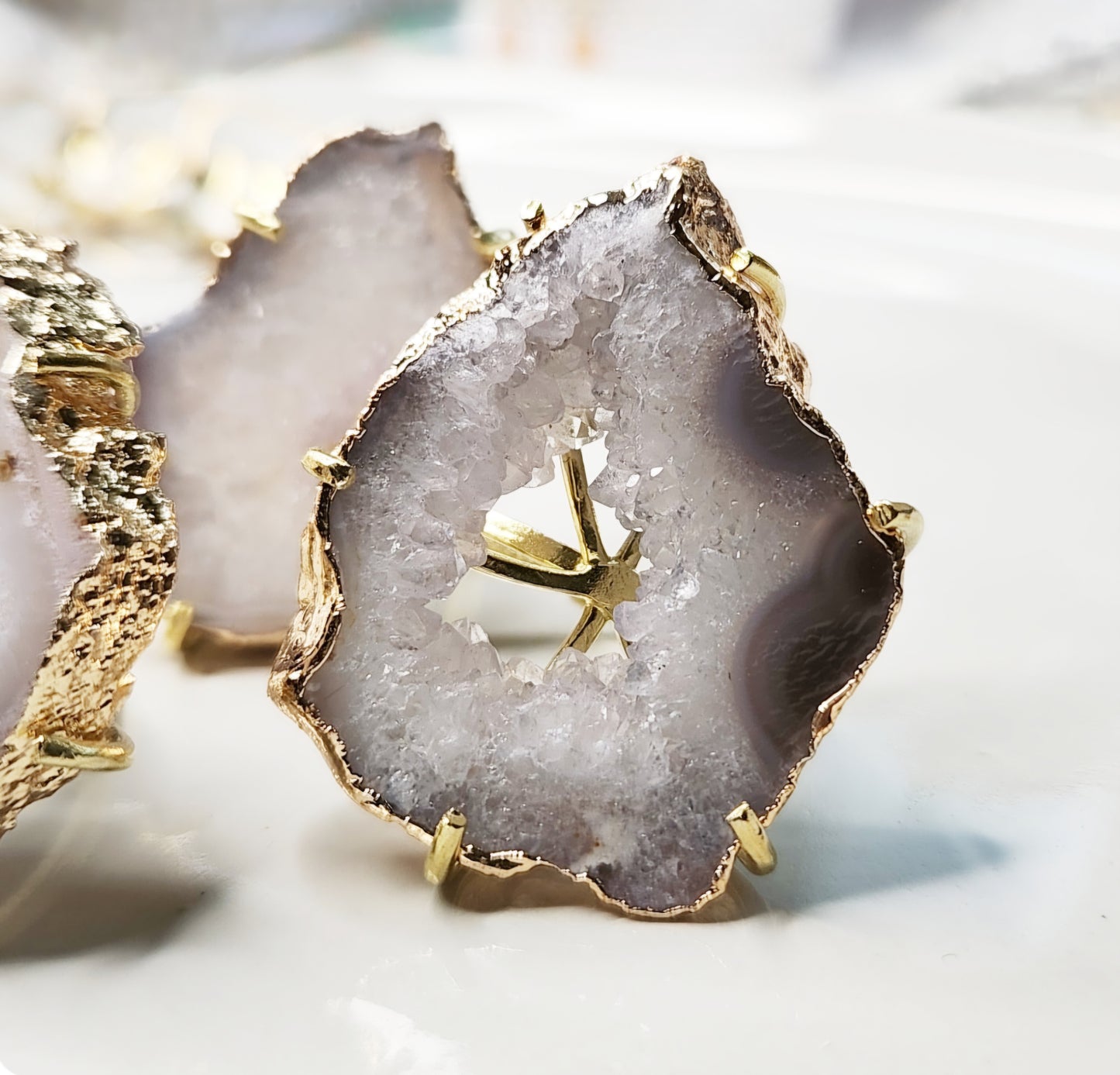 Gold Plated Agate + Brass Adjustable Ring