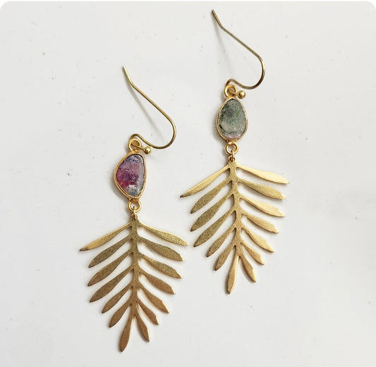 Watermelon Tourmaline + Brass Fern Earrings