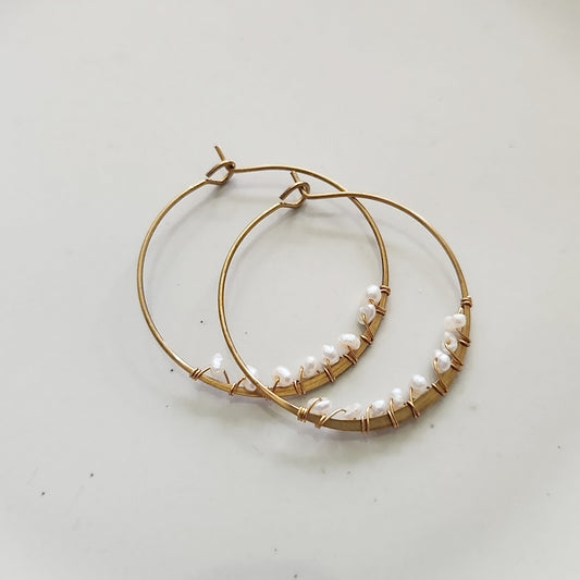 Wrapped Mini Pearls + Brass Hoop Earrings
