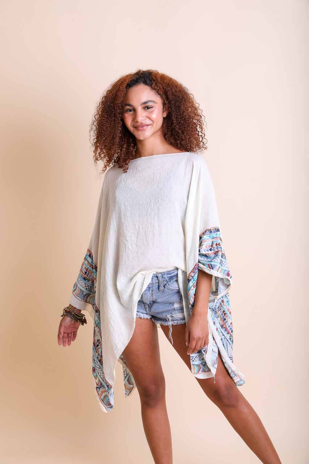 Kimono Cape | Embroidered Geometric | Ivory