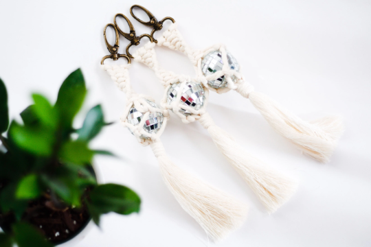 Party Keychain | Macrame + Disco Ball | Cream