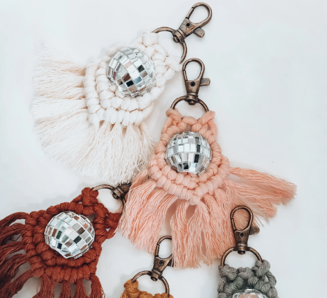 Dreamer Keychain | Macrame + Disco Ball | Pink