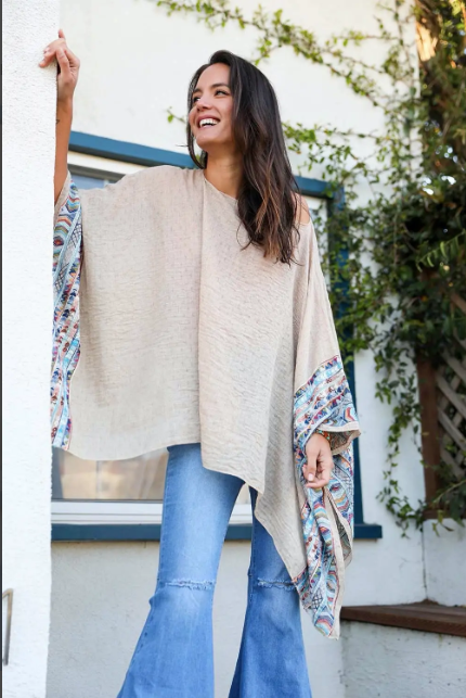 Kimono Cape | Embroidered Geometric | Ivory