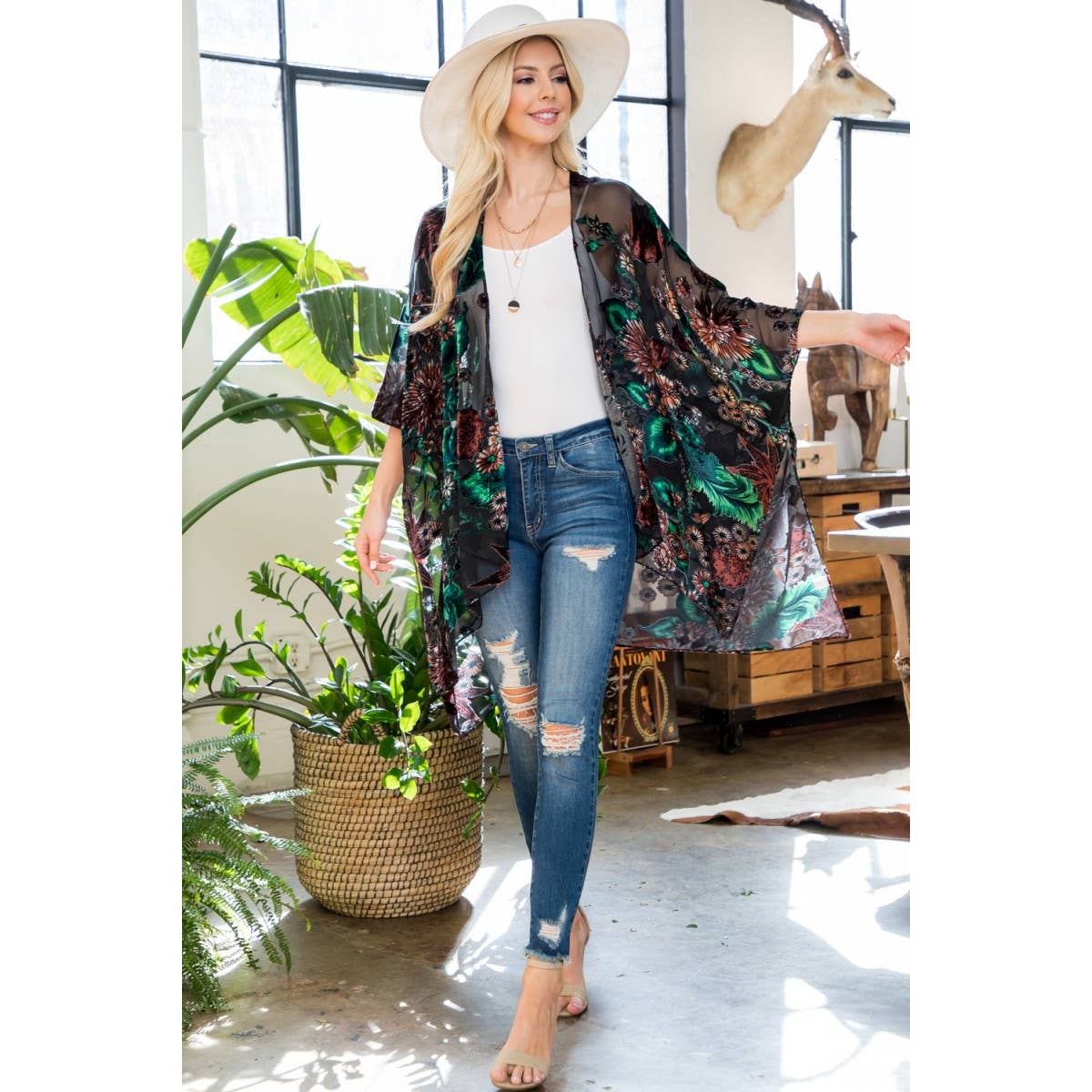 Kimono | Velvet | Green Floral