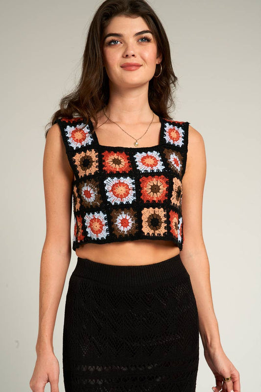 Kimono Top | Cropped Crochet | Black Multi